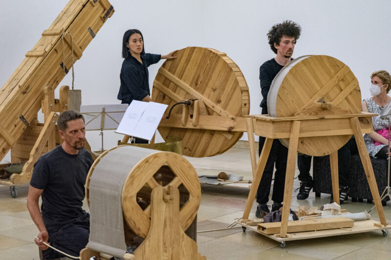 Arturas Bumšteinas’ performance of Baroque theatre noise machines Navigations. Photo by Katarina Sopcic